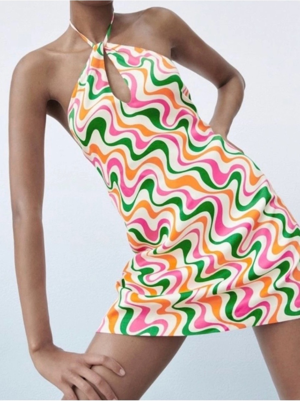 Zara Halter Keyhole Mini Dress in Pink, Green & Orange